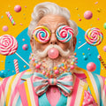 Sweet Authority by Devour Art - an older man with lollipop glasses and a beard full of gumballs