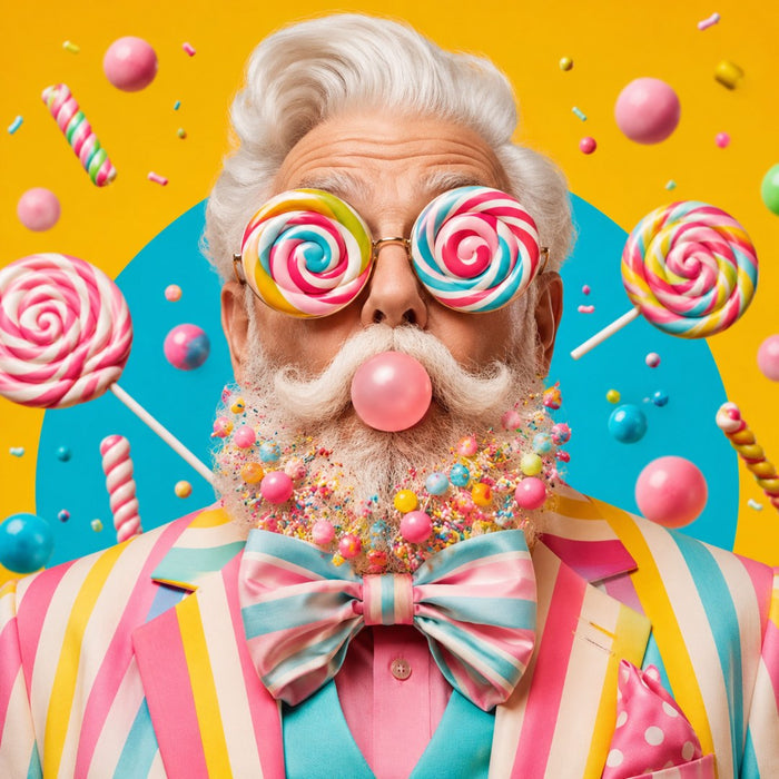 Sweet Authority by Devour Art - an older man with lollipop glasses and a beard full of gumballs