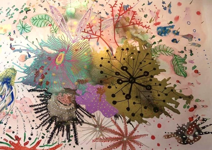 Sylvia’s dream by Debbie Seenan - sea urchins, seed heads and fronds on a pale blush ground
