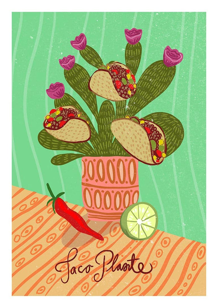 Illustration of a potted cactus with tacos as flowers, lime slice, and chili pepper; "Taco Plante" text below.