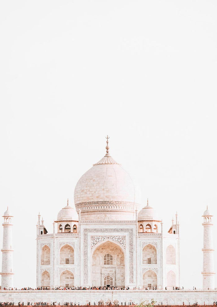 Minimalist poster of the Taj Mahal with a white background and the iconic marble dome centered.