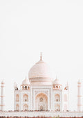 Minimalist poster of the Taj Mahal with a white background and the iconic marble dome centered.