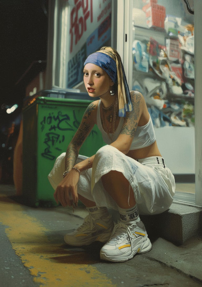 Tattoo Pearl by Dikhotomy — tattooed Girl with a Pearl Earring crouching on a night street