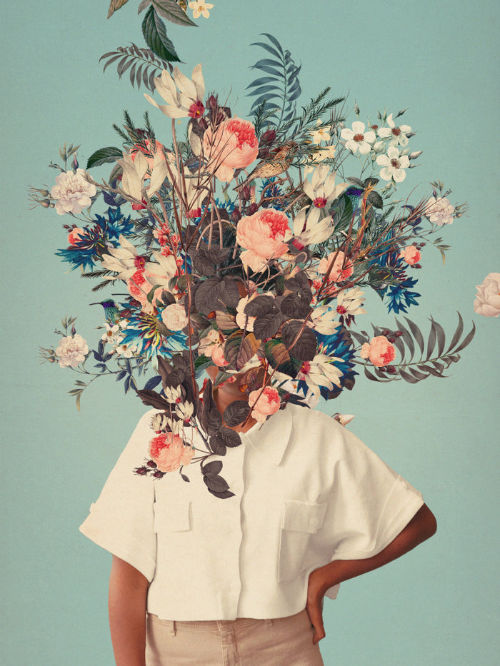 Surreal collage of a person with their head replaced by an explosion of colorful spring flowers and foliage.