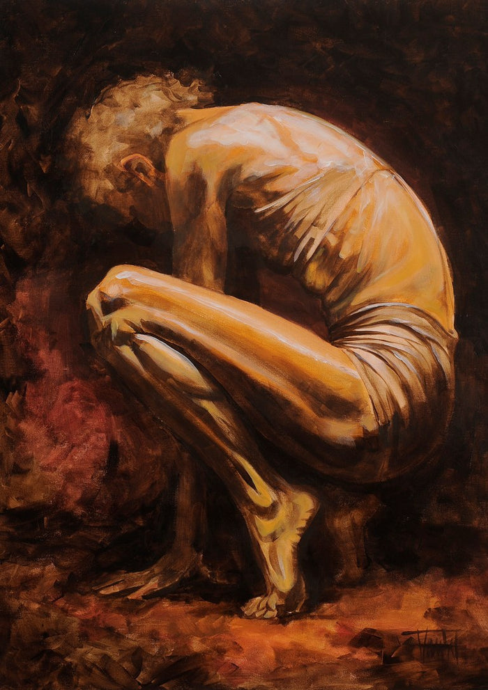 The Age by VanW - an older man curled into a ball on the ground, lit ochre against dark red-brown