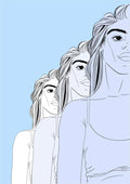 The Blues poster by Lisen Vennesland with three repeated line art portraits of a woman in blue tones
