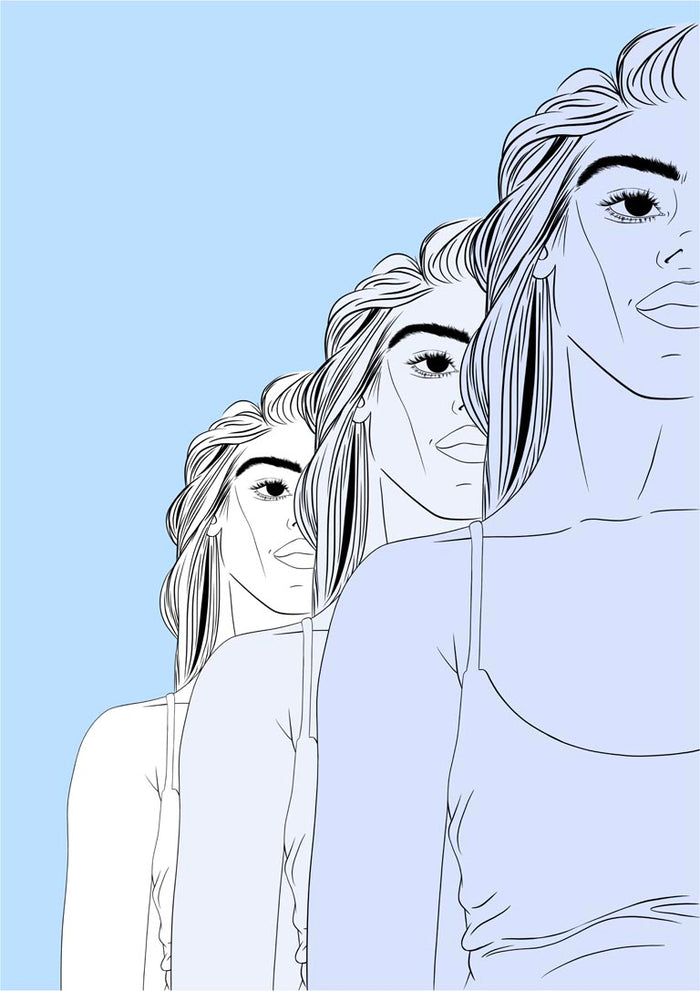 The Blues poster by Lisen Vennesland with three repeated line art portraits of a woman in blue tones