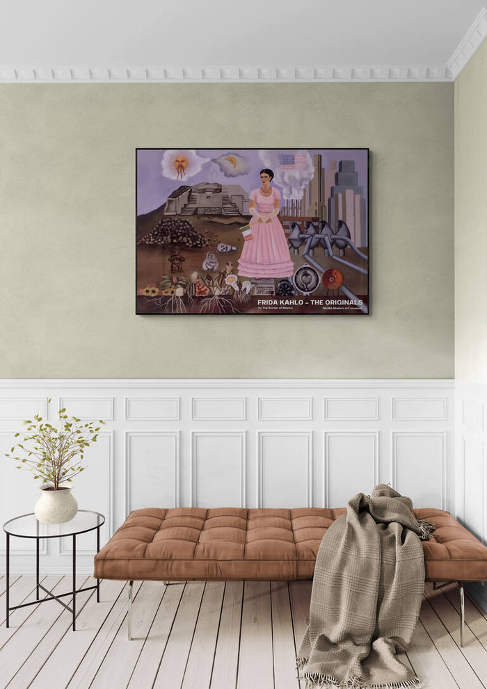 Frida Kahlo’s "The Border of Mexico" art print displayed above a modern bench in a minimalist room.