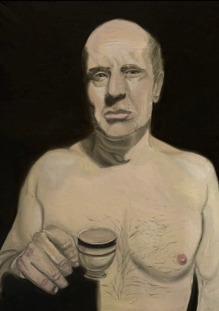 The danger of living by Enrico - a bare-chested man holding a small white cup against black