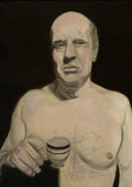 The danger of living by Enrico - a bare-chested man holding a small white cup against black