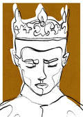 Abstract line drawing of a crowned figure with closed eyes on a golden background for The Decision - Treechild.