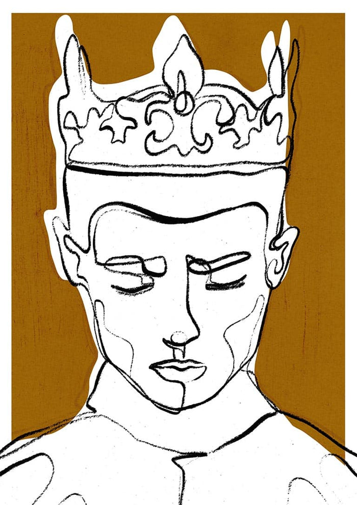 Abstract line drawing of a crowned figure with closed eyes on a golden background for The Decision - Treechild.