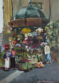 The flower kiosk in Valletta by Mariam De Giorgio — a green domed florist's kiosk banked with flowers and shoppers on grey paving