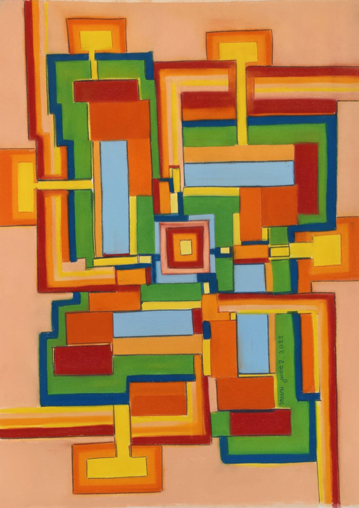 The Four Corners by Muni - geometric pastel abstract of orange, green, red and blue rectangles around a central square