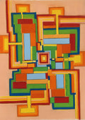 The Four Corners by Muni - geometric pastel abstract of orange, green, red and blue rectangles around a central square