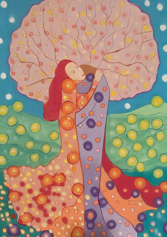 The Kiss by Muni - pastel drawing of an embracing couple in patterned robes beneath a pink blossom tree