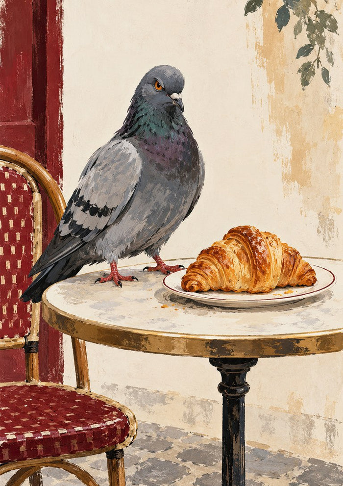 The Last Croissant by Matthews Gallerie — a grey pigeon on a marble bistro table guarding a golden croissant on a plate