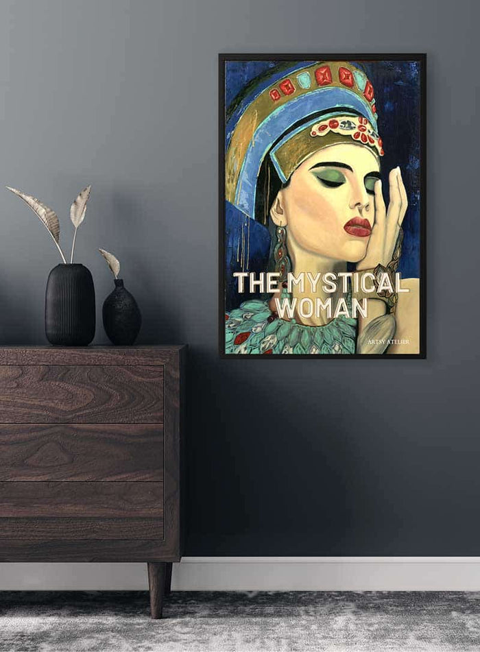 Framed "The Mystical Woman" plakat featuring an elegant woman in colorful headpiece on a modern wall.