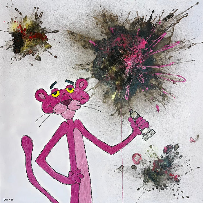 The Naughty Pink Panther by Laura Notari - Pink Panther holding a spray can among black and pink paint splatters