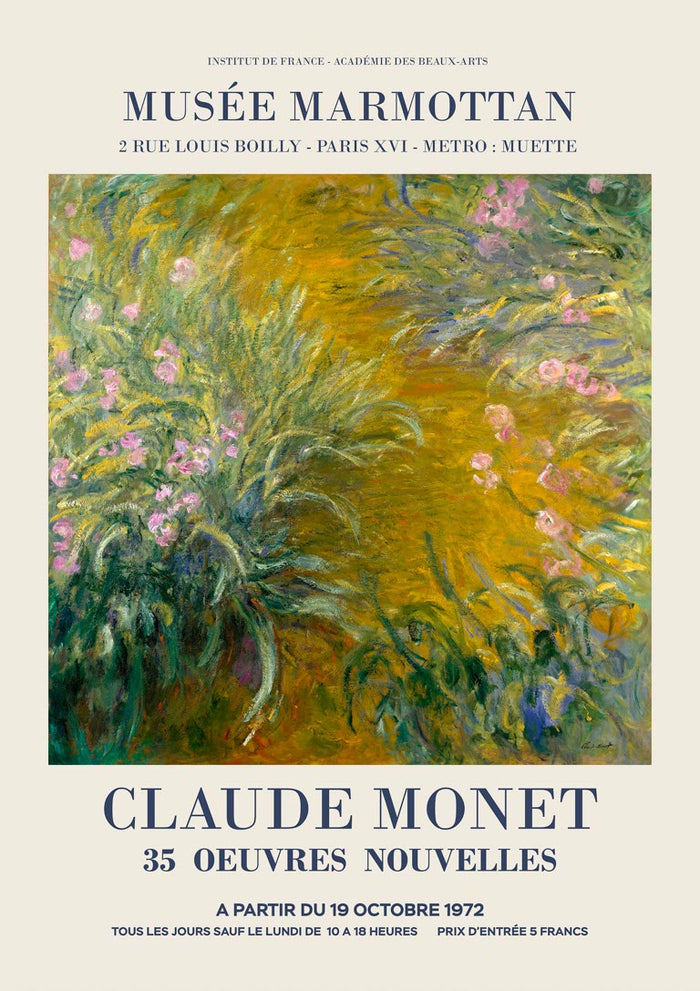 Impressionist painting of a garden path lined with irises, featured on Claude Monet’s product page.
