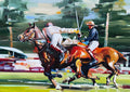 The players 1 by Adrian DeDea - two polo players racing on chestnut horses past blurred stands