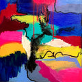 The Space Between Takes Shape I by Laura Notari - patchwork abstract of hot pink, cobalt, turquoise and yellow blocks
