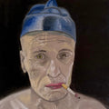 The superhero's break by Enrico - a man in a soft blue cap smoking against a black ground