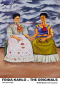 Painting of two Frida Kahlos sitting side by side, holding hands, with exposed hearts and a shared vein.
