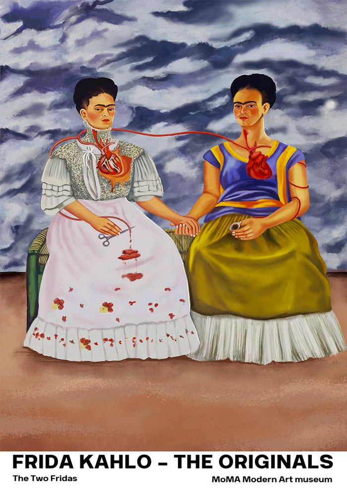 Painting of two Frida Kahlos sitting side by side, holding hands, with exposed hearts and a shared vein.