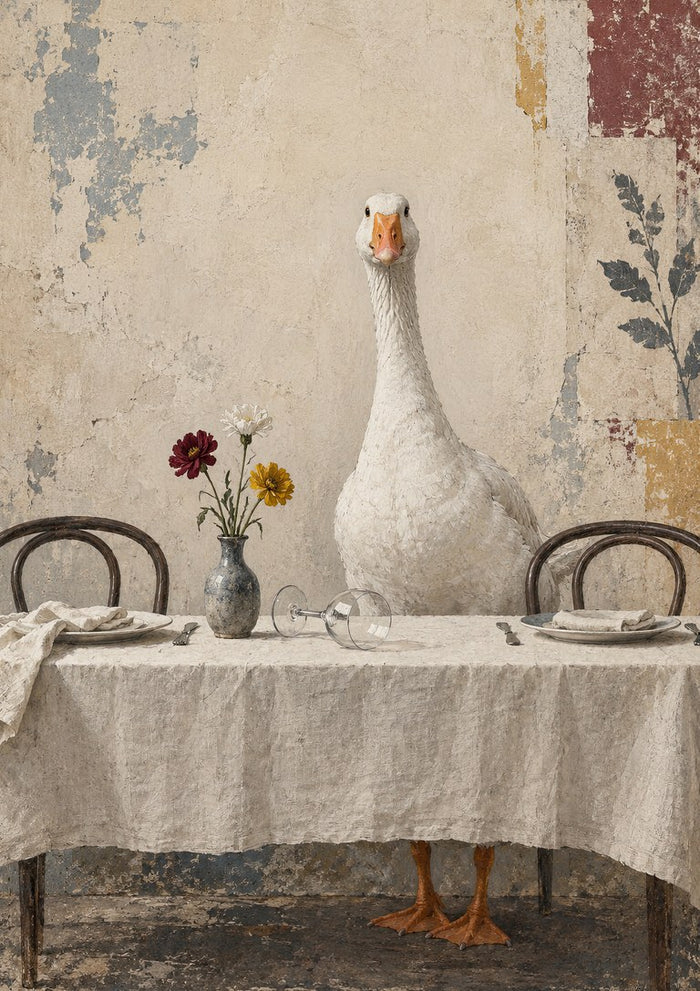 The Uninvited Guest by Matthews Gallerie — a white goose standing at a laid dining table with flowers and a toppled wine glass