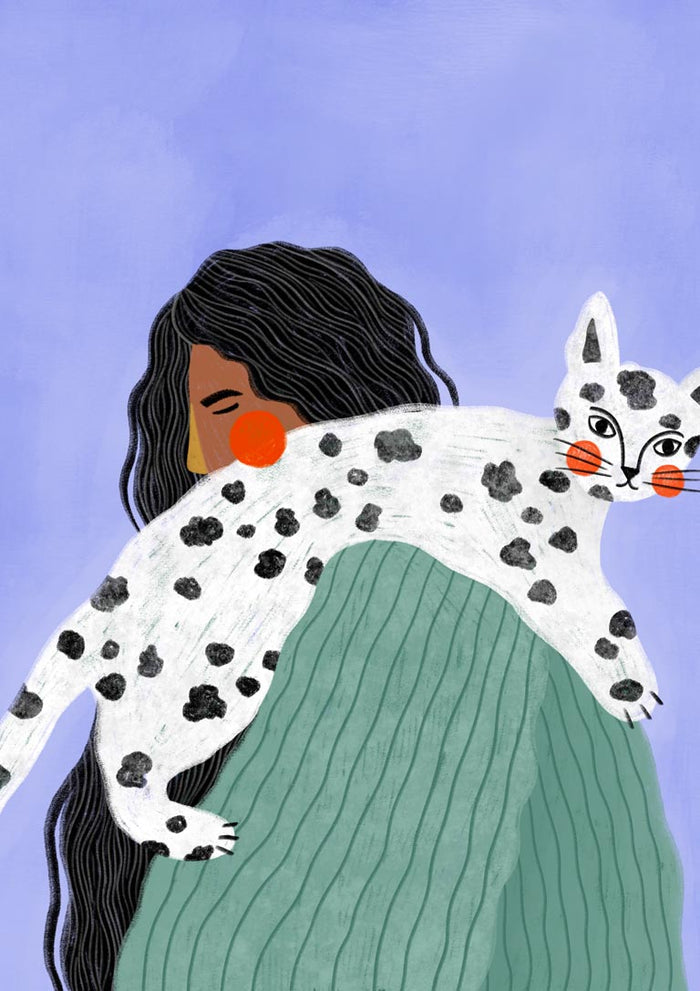Illustration of a woman with long dark hair holding a white spotted cat on her shoulder, from The Woman With The Cat.