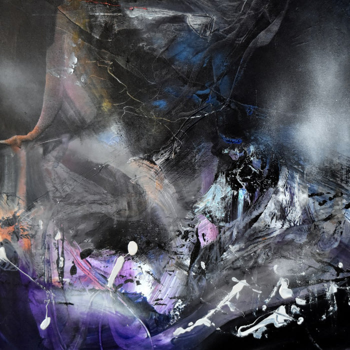 The Wonderful Morning Dreams of Alice (30) by Ovidiu Kloska - dark charcoal abstract with a sweep of violet and white drips