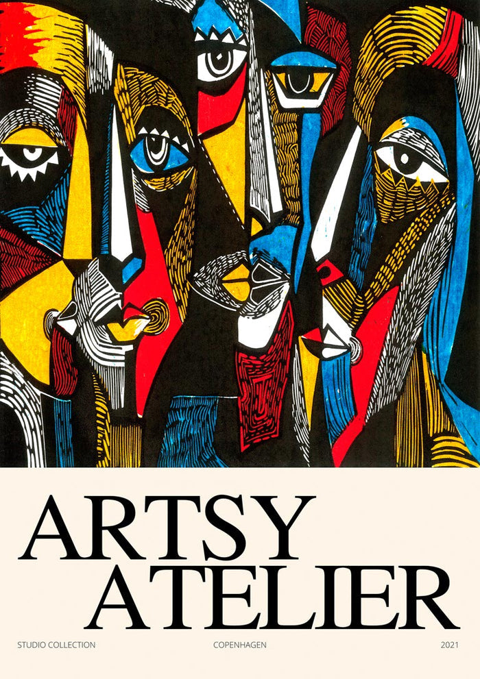 Colorful abstract faces illustration with bold lines, shown on the This is Artsy Atelier Plakat product page.