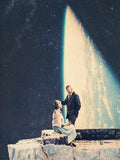 A couple on a rocky ledge gazing at Earth from space, inspired by "This Love" by Frank Moth.