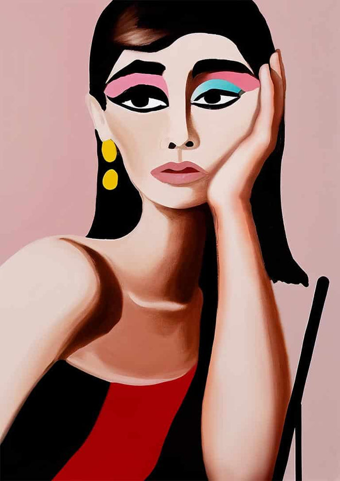 Stylized portrait of a woman with bold makeup, wearing yellow earrings and a red-black dress, inspired by Thoughts of Audrey.