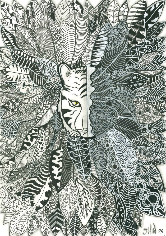 Tiger in the Leaves by JHN.ByHjort - tiger face among hand-drawn patterned leaves in black and white