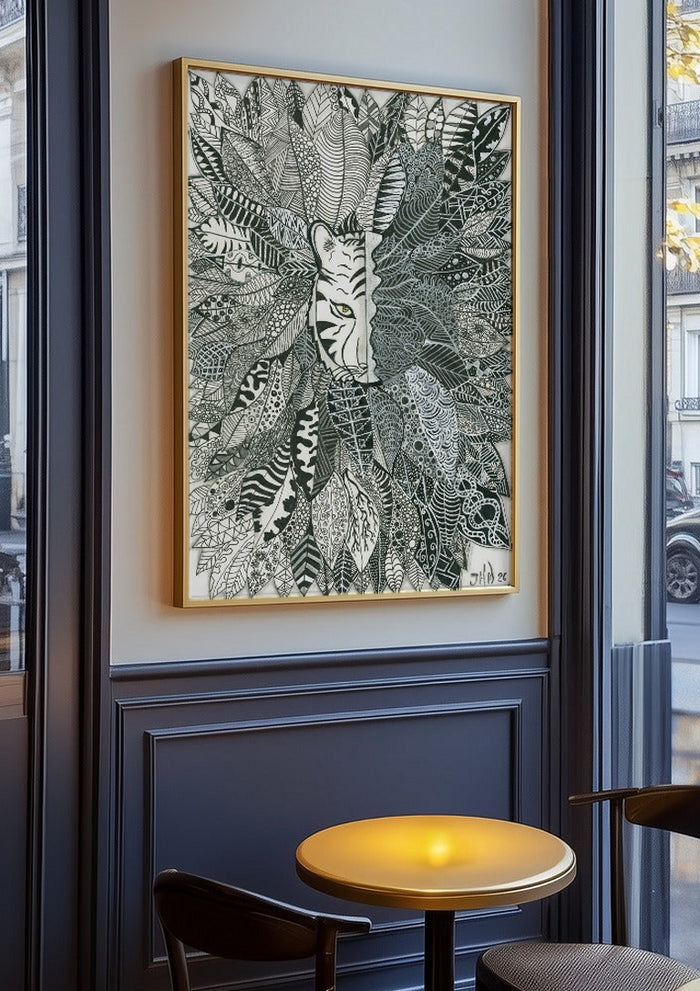 Tiger in the Leaves by JHN.ByHjort in an oak frame on a panelled café wall
