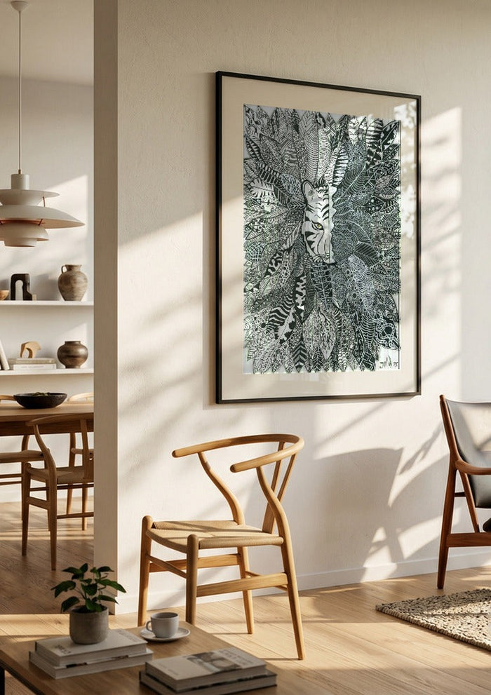 Tiger in the Leaves by JHN.ByHjort in a black frame in a bright dining room with wooden chairs