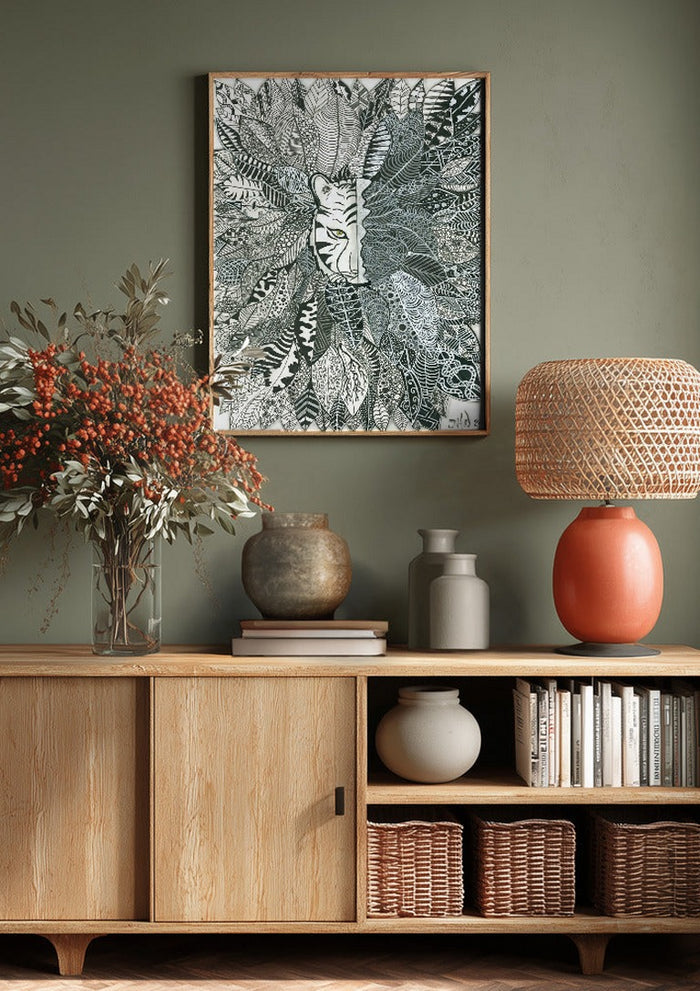 Tiger in the Leaves by JHN.ByHjort above a wooden sideboard on a sage green wall
