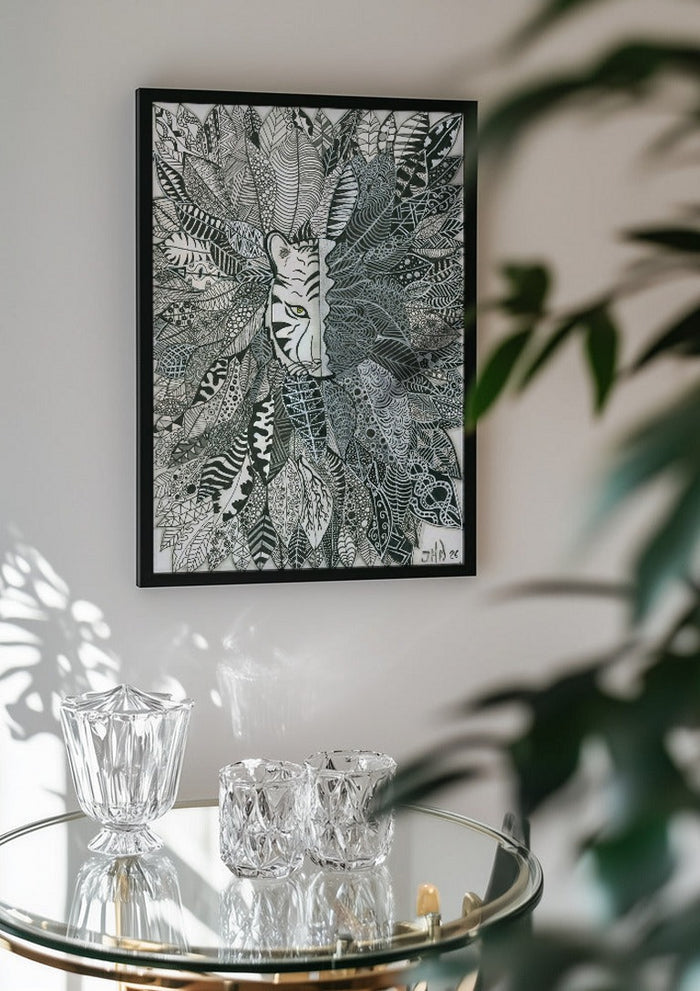 Tiger in the Leaves by JHN.ByHjort in a black frame above a glass table with crystal glassware