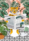 Illustration of a tiger reading a newspaper titled "Go Wild News" among tropical plants and patterned floor.