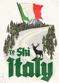 Vintage postcard of a snowy ski trail in Italy with trees, a stag, and an Italian flag on a mountain.
