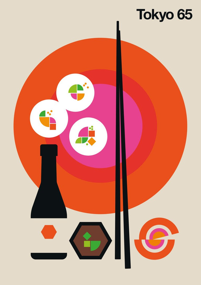 Tokyo 65 by Bo Lundberg - chopsticks, soy sauce and sushi against an orange and pink circle