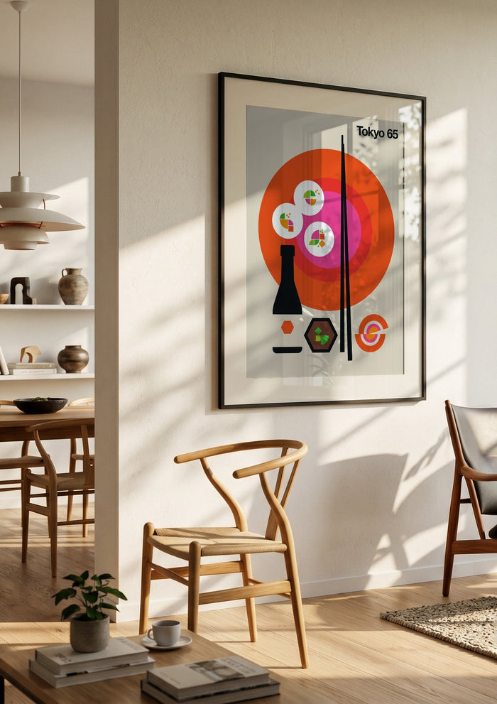 Tokyo 65 by Bo Lundberg in a black frame in a bright dining room with wooden chairs