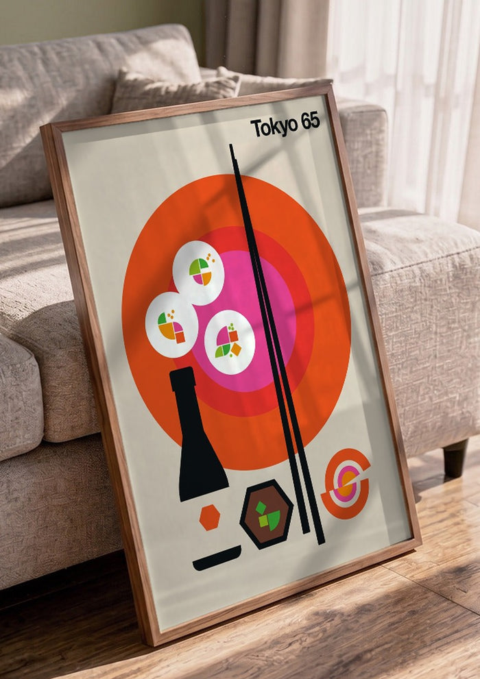 Tokyo 65 by Bo Lundberg in a walnut frame leaning against a grey sofa