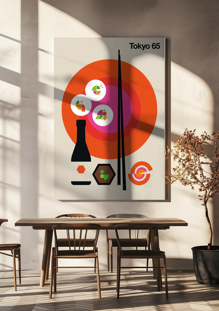 Tokyo 65 by Bo Lundberg hanging above a wooden dining table in warm sunlight