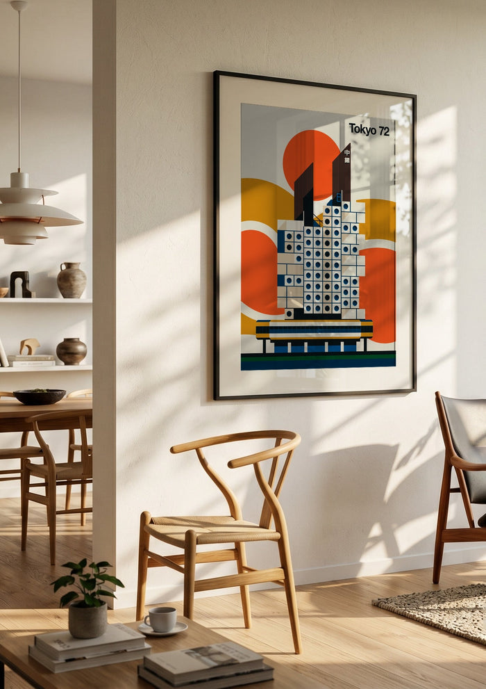 Tokyo 72 by Bo Lundberg in a black frame in a bright dining room with wooden chairs