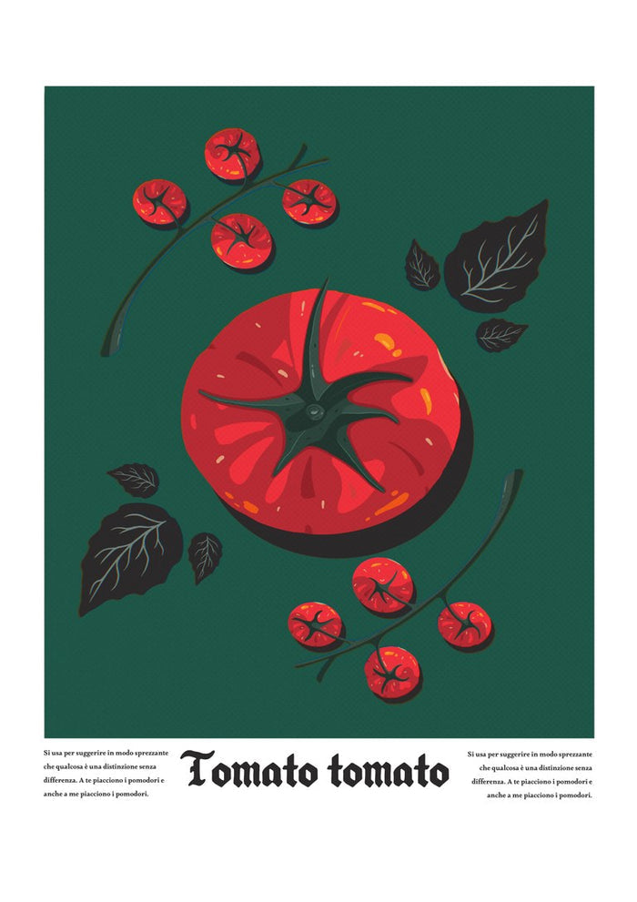 Tomato Tomato by Jakob Falkenberg - halved red tomato and cherry tomatoes on a deep green background
