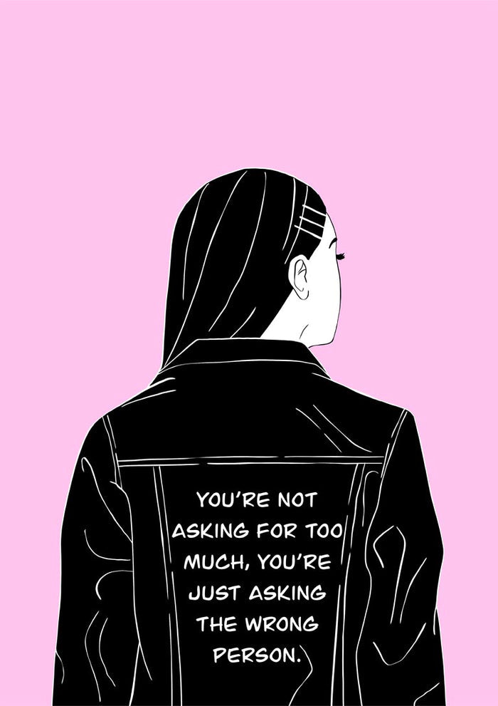 Too Much poster by Lisen Vennesland with a woman in a black leather jacket carrying a quote on a pink background