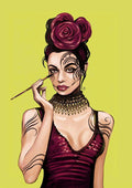 Artistic portrait of a woman with rose hair, ornate makeup, and jewelry, applying eyeliner; Touche - Kate Aitana.